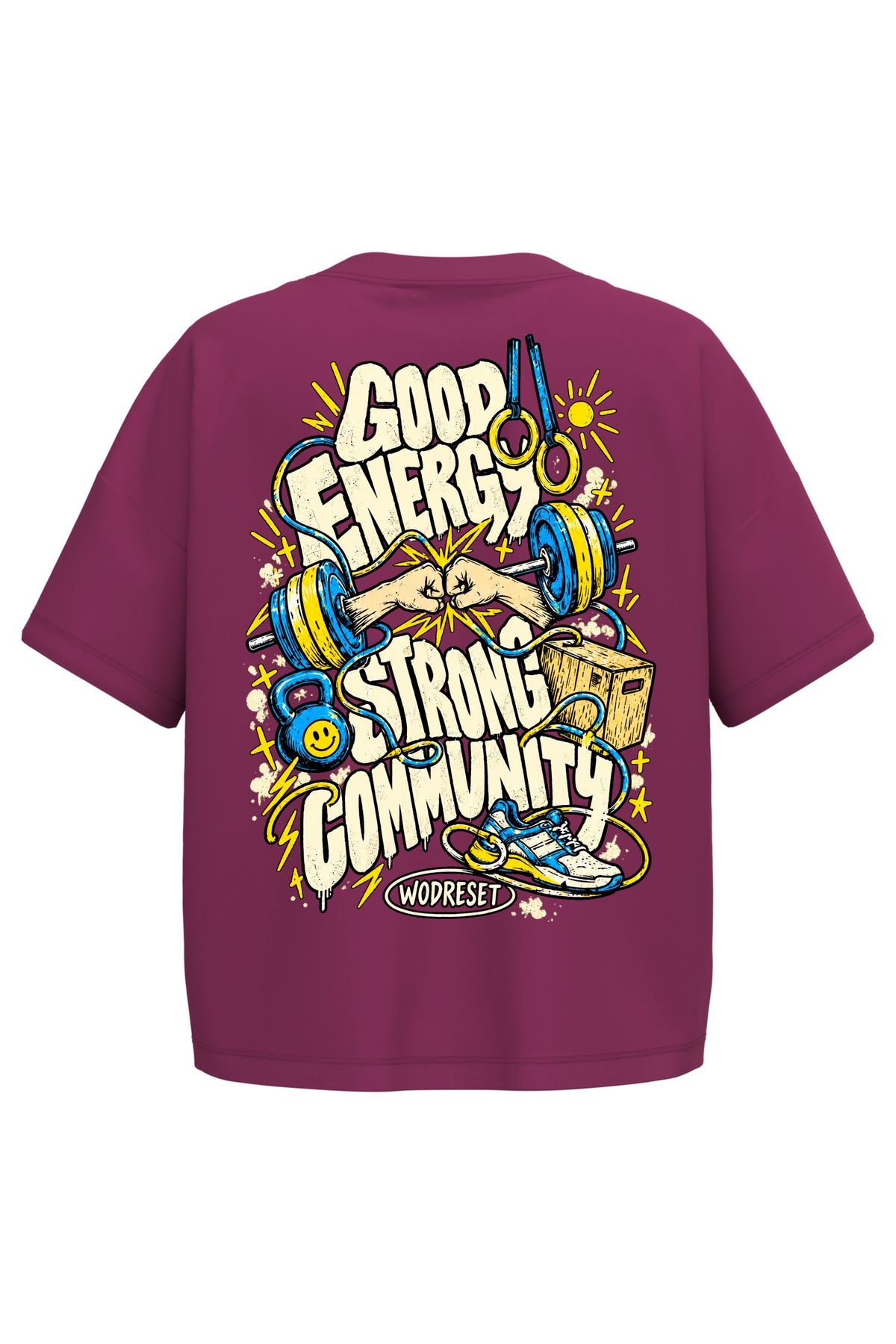 Vista trasera de la camiseta WodReset Good Energy Cherry Purple con ilustración de entrenamiento y lema Strong Community