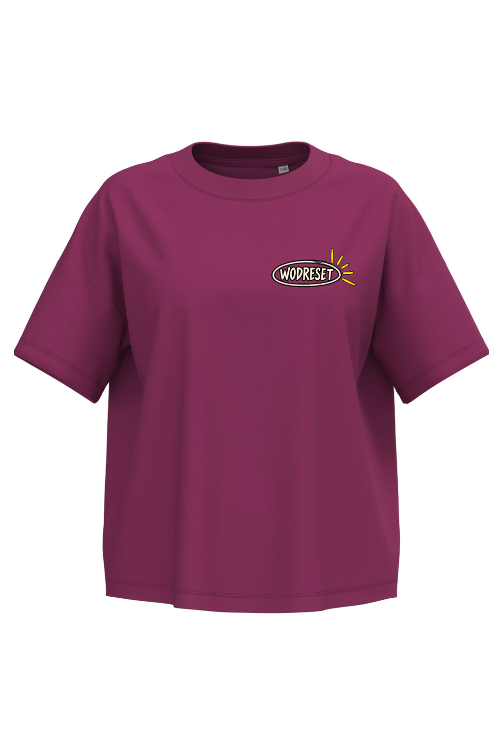 Vista frontal de la camiseta WodReset Good Energy Cherry Purple con logotipo en el pecho