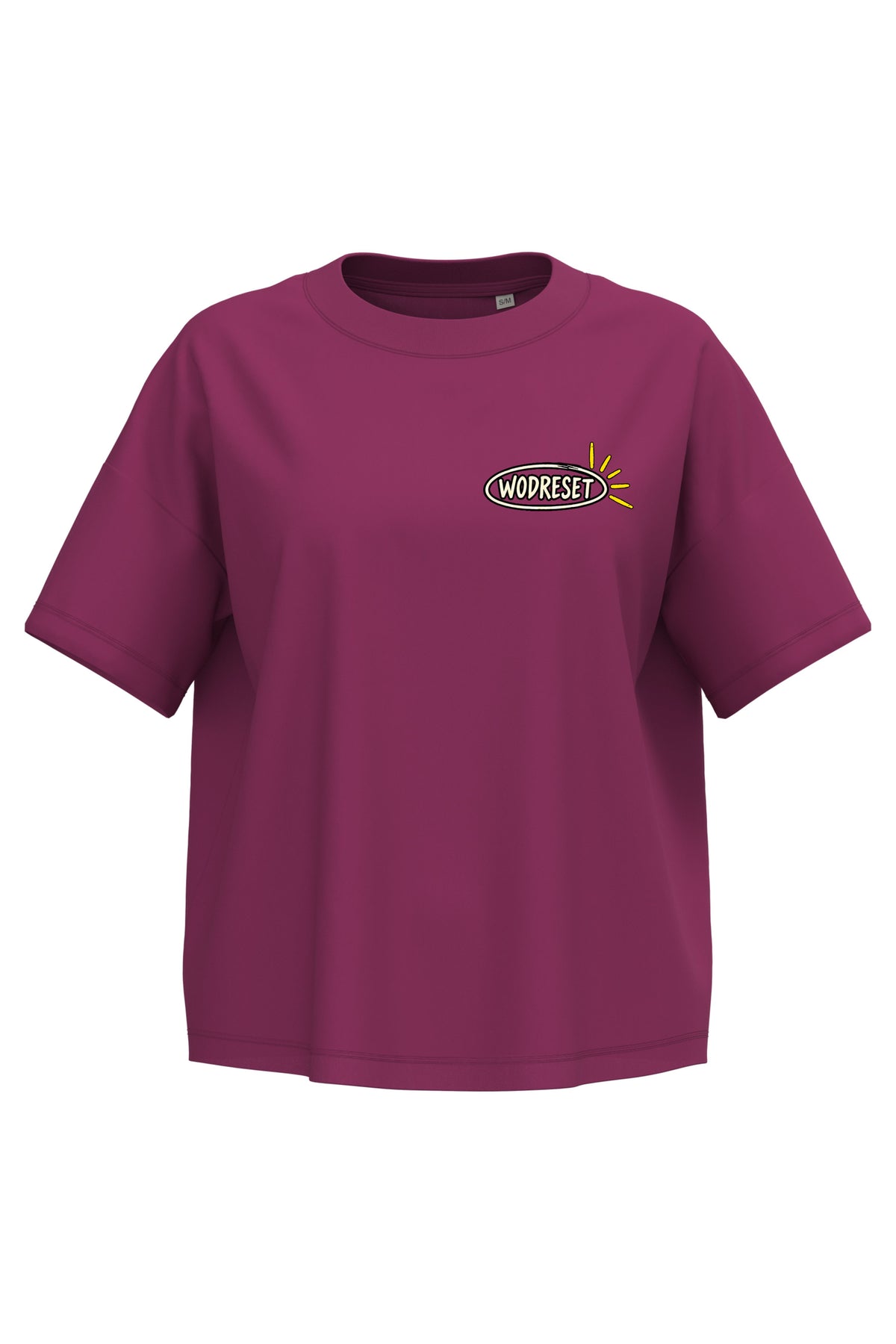 Vista frontal de la camiseta WodReset Good Energy Cherry Purple con logotipo en el pecho