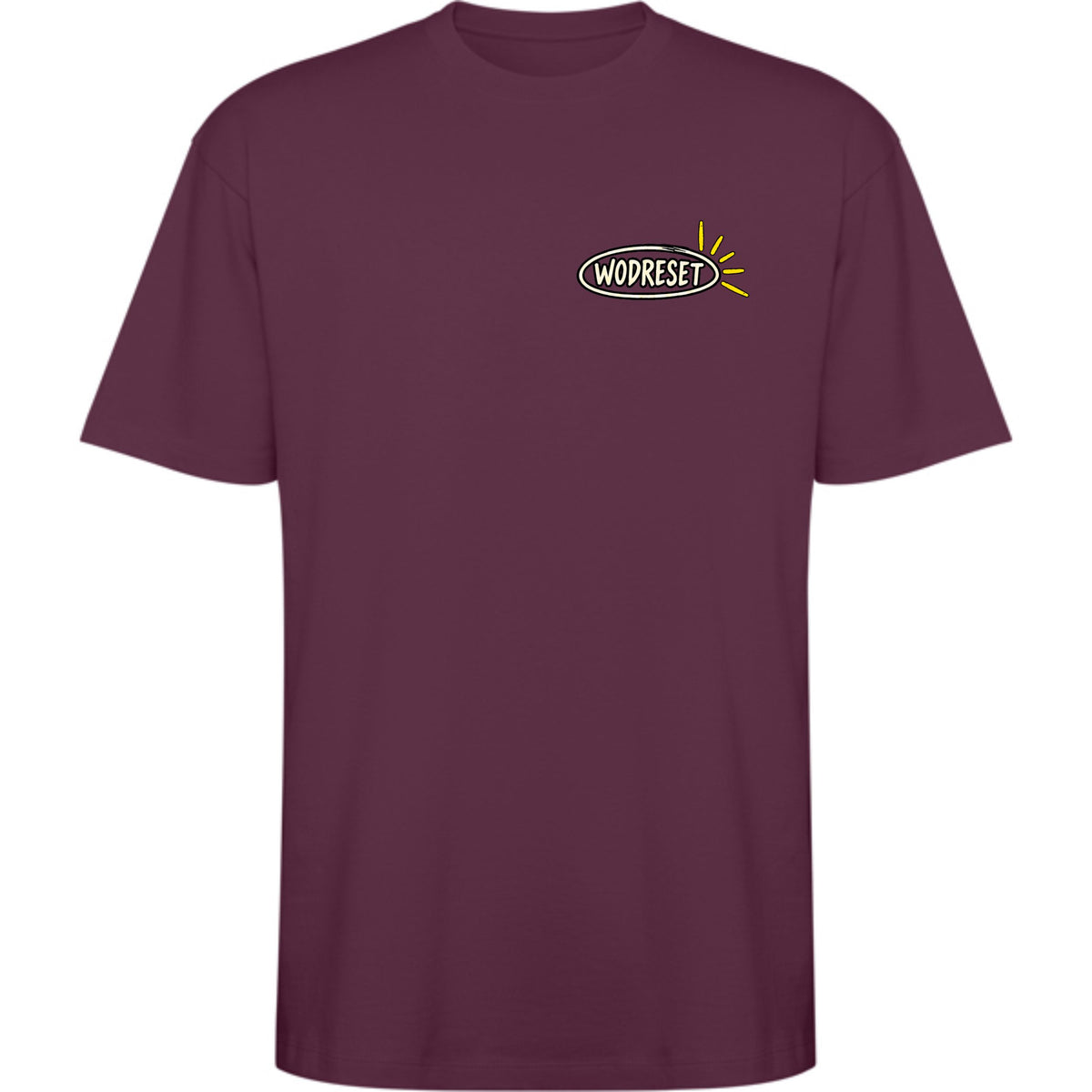 Vista frontal de la camiseta WodReset Good Energy rojo ciruela con logotipo en el pecho