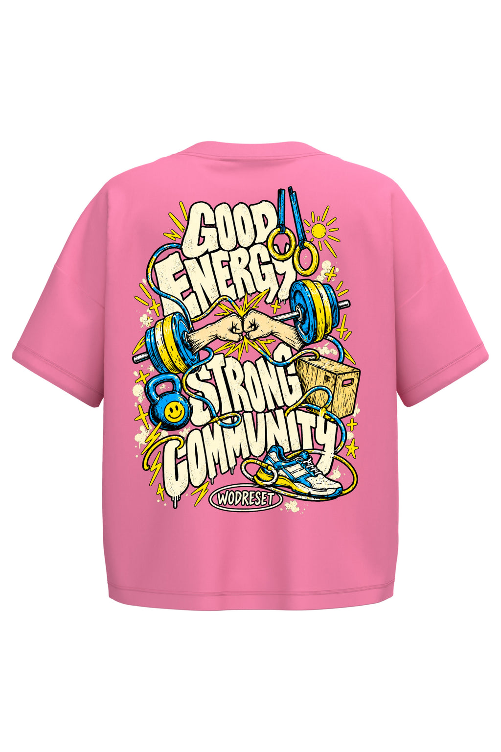 Vista trasera de la camiseta WodReset Good Energy rosa Candy Rose con ilustración de entrenamiento y lema Strong Community
