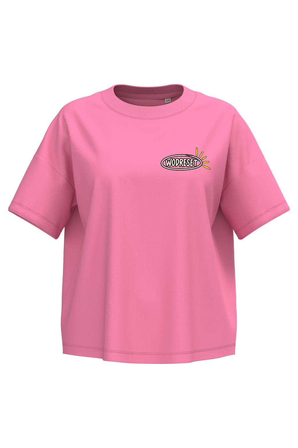 Vista frontal de la camiseta WodReset Good Energy rosa Candy Rose con logotipo en el pecho