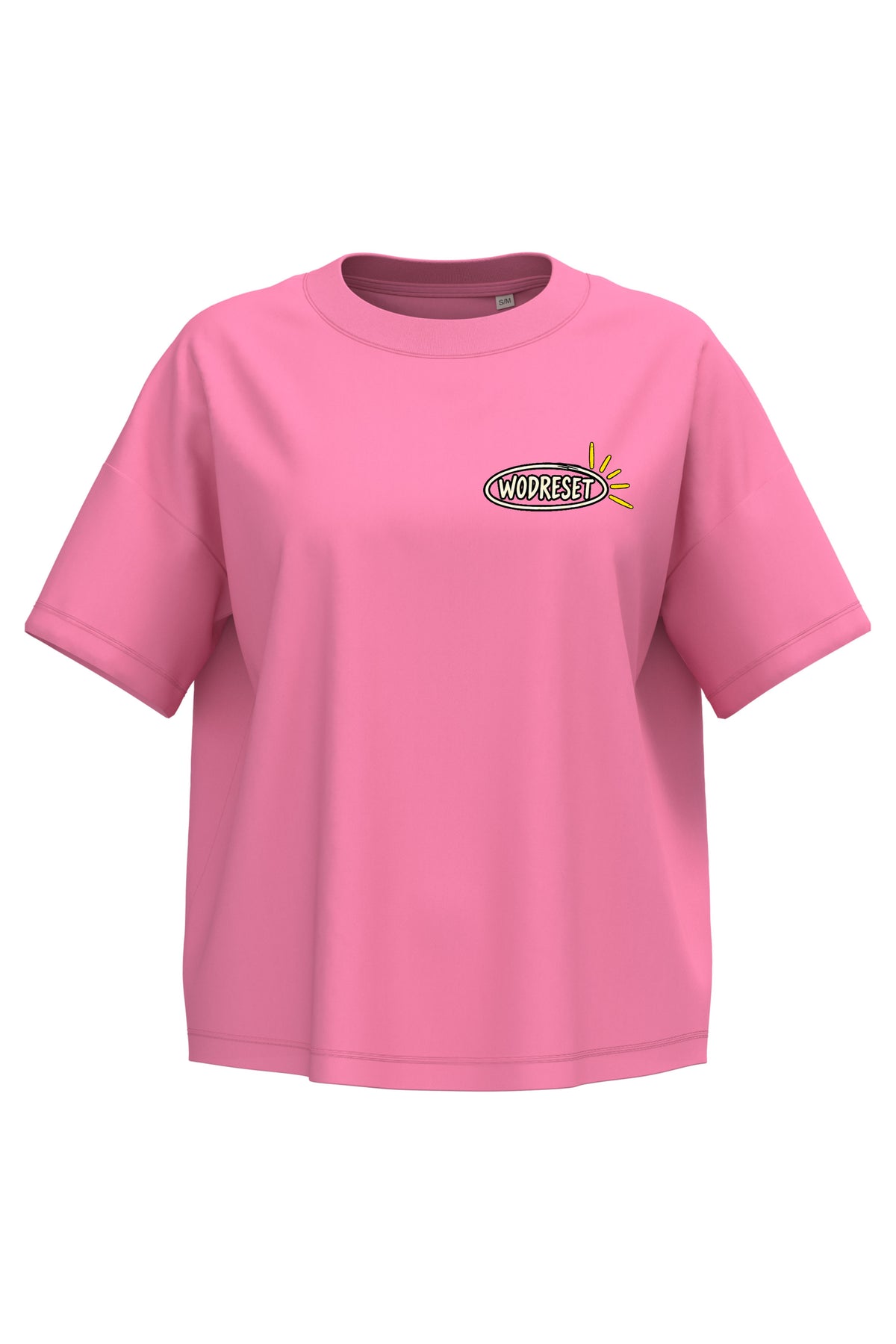Vista frontal de la camiseta WodReset Good Energy rosa Candy Rose con logotipo en el pecho