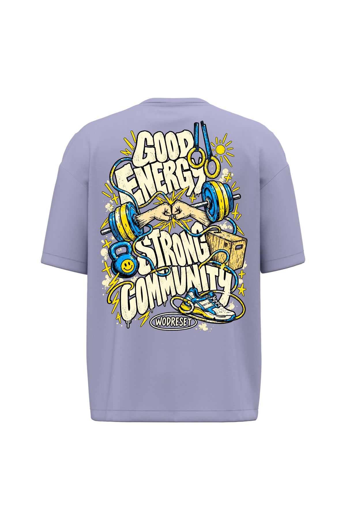 Vista trasera de la camiseta WodReset Good Energy violeta claro con ilustración de entrenamiento y lema Strong Community