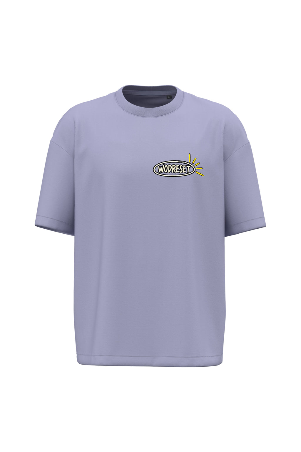 Vista frontal de la camiseta WodReset Good Energy violeta claro con logotipo en el pecho